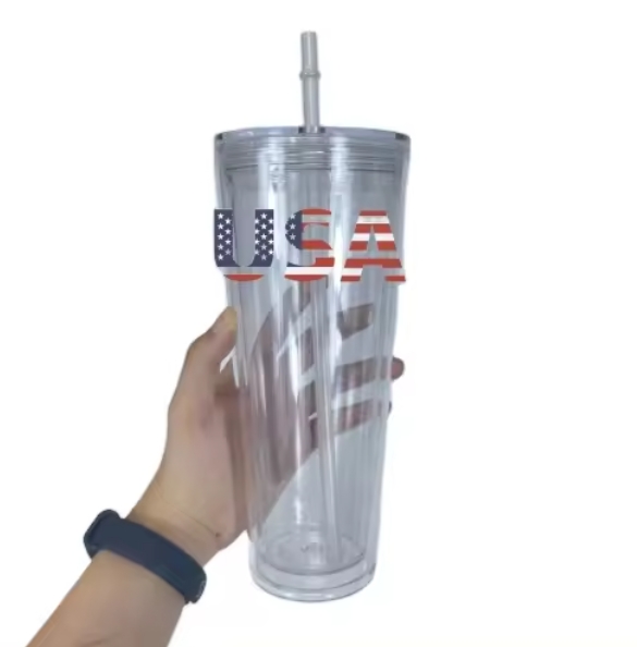 16oz 24oz clear Acrylic cups pre drill double walled snowglobe Acrylic Tumbler with lids and straws